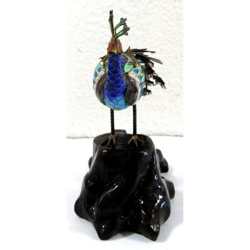 Antique Chinese Silver Gilt Cloisonne Jeweled Peacock Bird Sculpture 19th C. - Picture 4 of 16